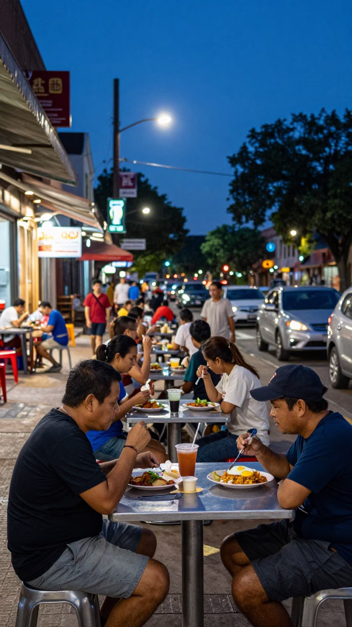 Busy Austin Texas Twilight Street Scene with Local Dining and Urban Activity in in Austin, Texas, United States