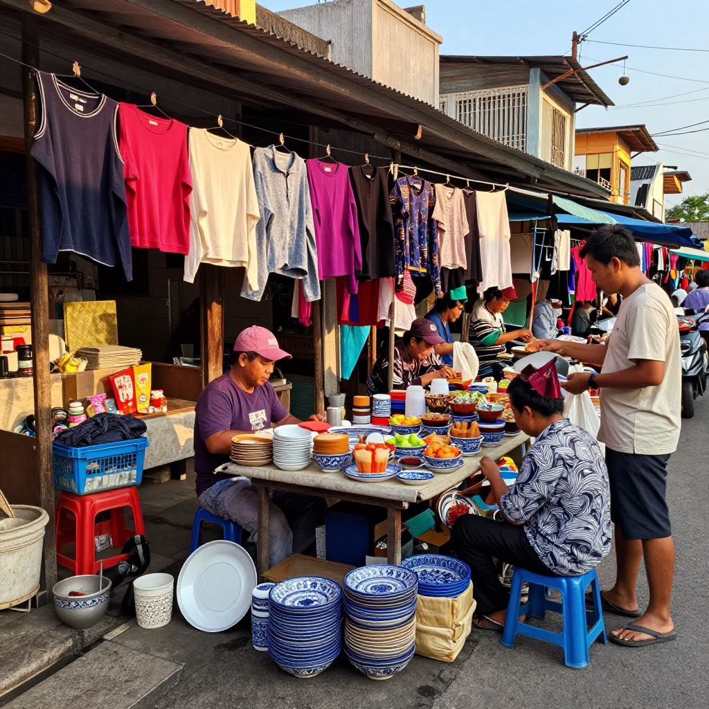 Busy Balinese street stall with hanging laundry and colorful kitchenware in in Denpasar, Indonesia