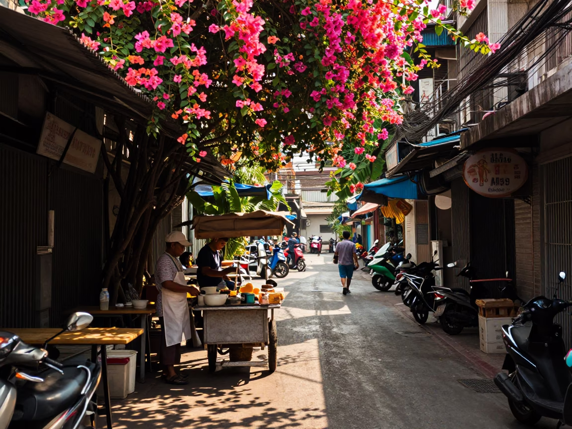 Busy Bangkok Alleyway Afternoon with Bougainvillea and Street Life in in Bangkok, Thailand