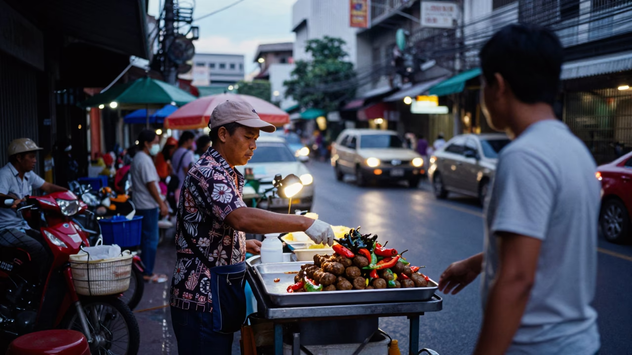Busy Bangkok Blue Hour Street Scene with Vendor Food Tray and Night Market Activity in in Bangkok, Thailand