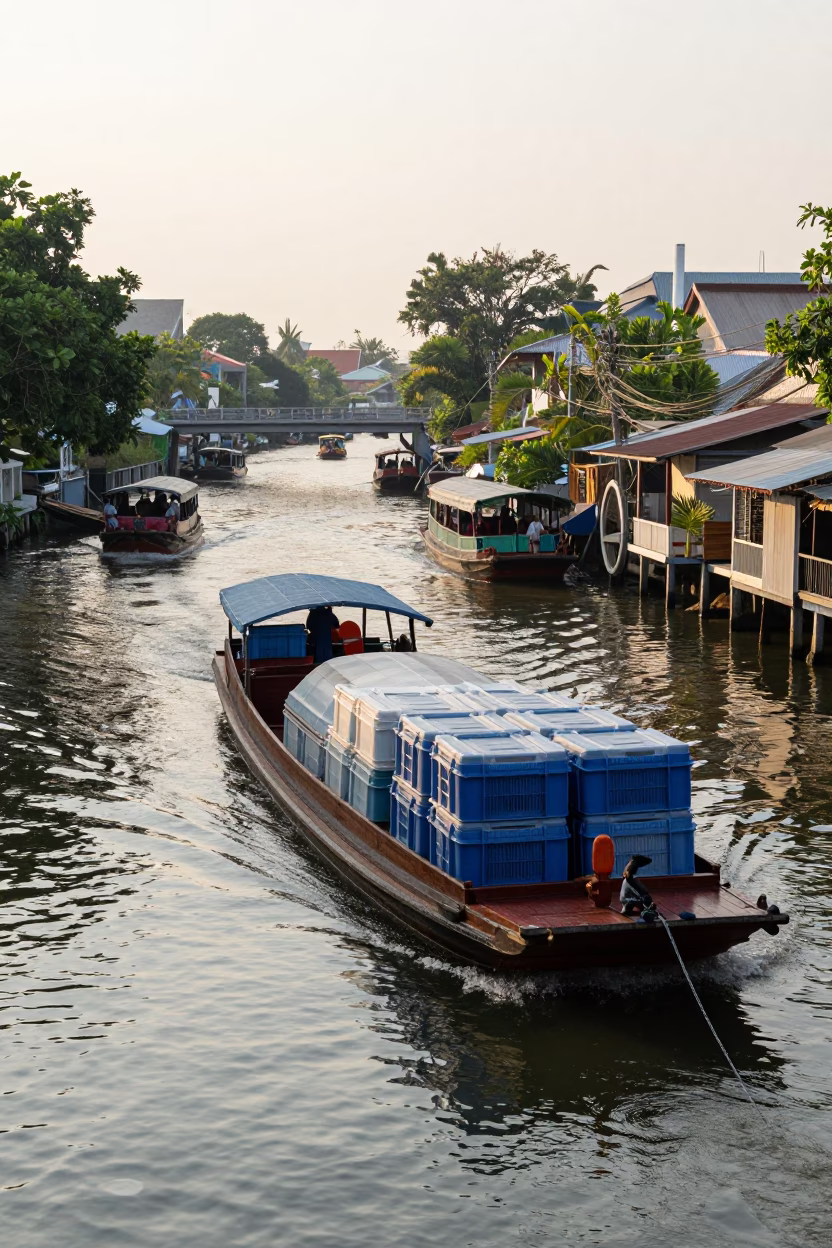 Busy Bangkok Early Morning Canal Scene with Cargo Barge and Street Food Vendor in in Bangkok, Thailand