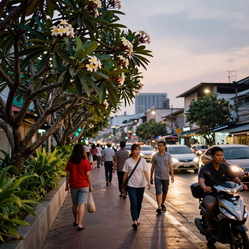 Busy Bangkok Evening Street Scene with Frangipani Tree and Traffic Overpass Taillights in in Bangkok, Thailand