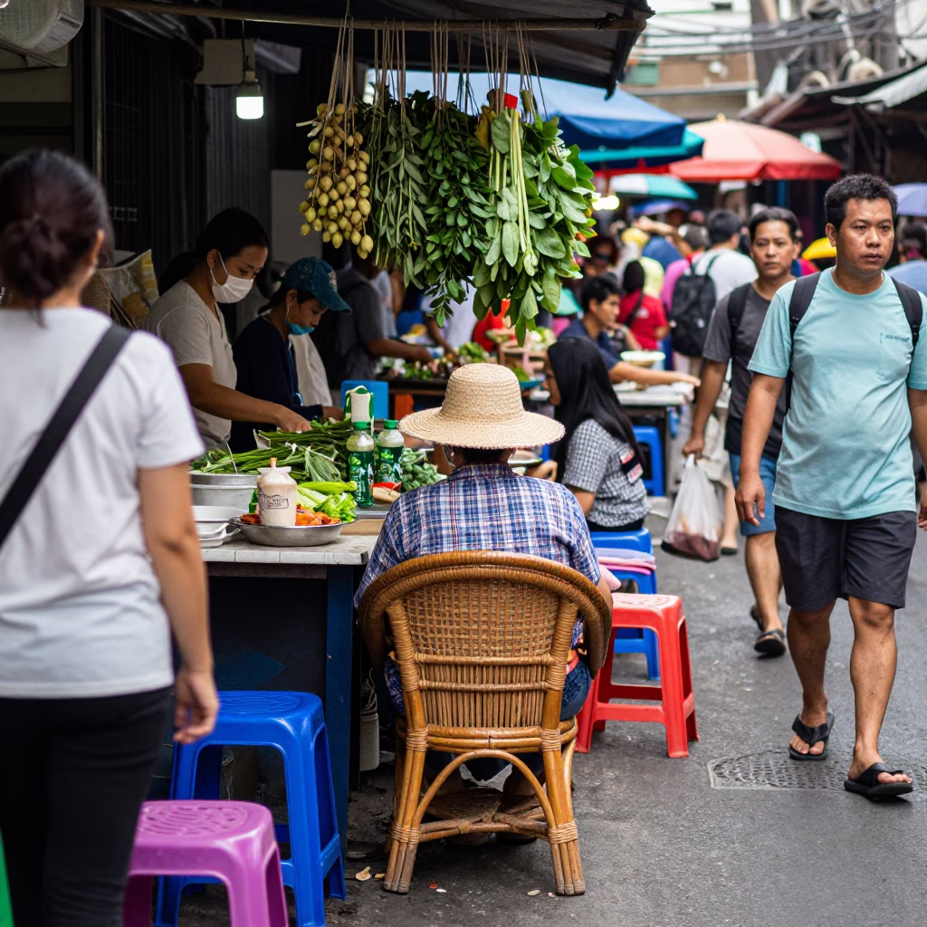 Busy Bangkok Market Stall with Rattan Chair and Local Street Life at Midday in in Bangkok, Thailand