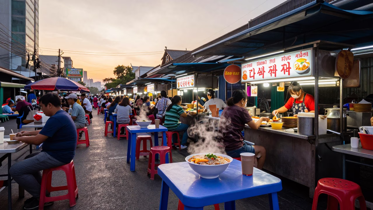 Busy Bangkok Street Breakfast Stall at Dawn with Bibim Guksu and Local Dining Culture in in Bangkok, Thailand