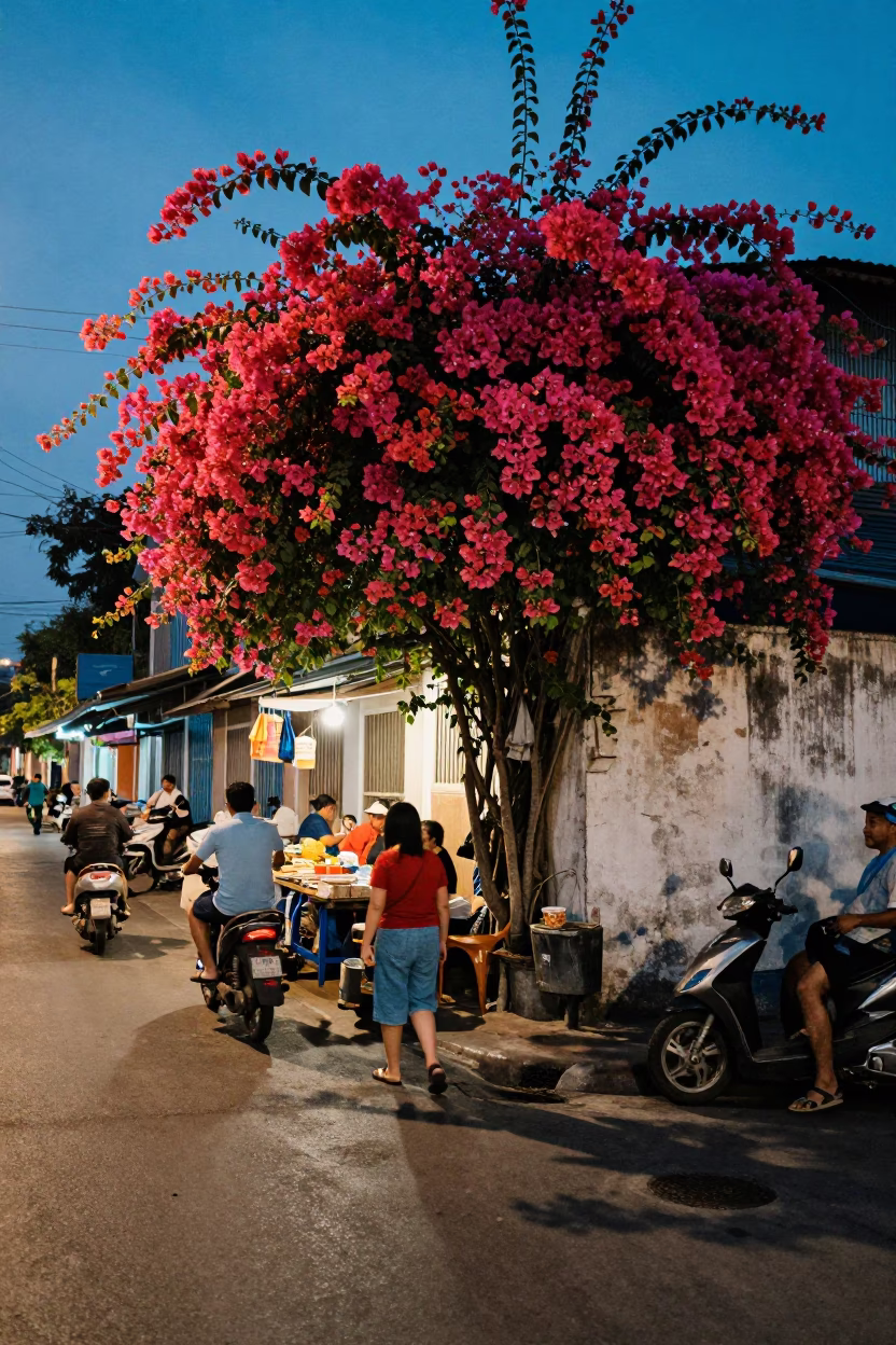 Busy Bangkok street corner at blue hour with bougainvillea and local vendors in in Bangkok, Thailand