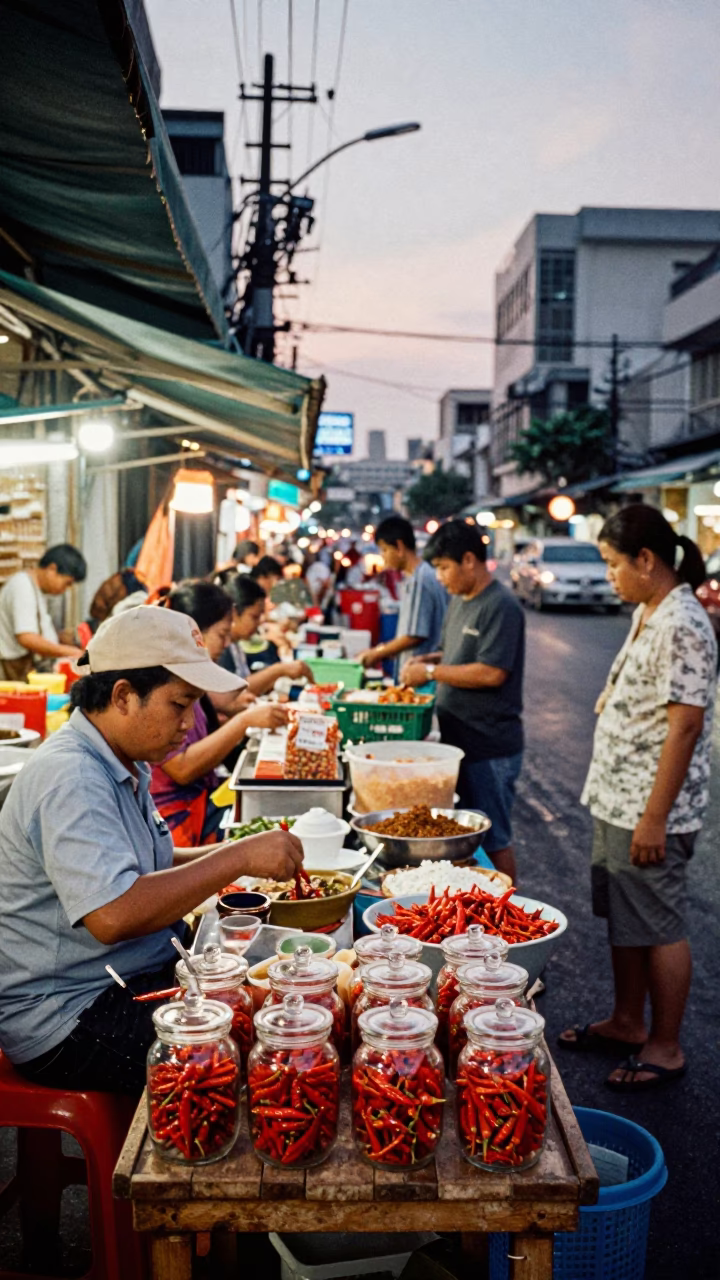 Busy Bangkok Street Corner Early Evening Spices and Daily Life in in Bangkok, Thailand
