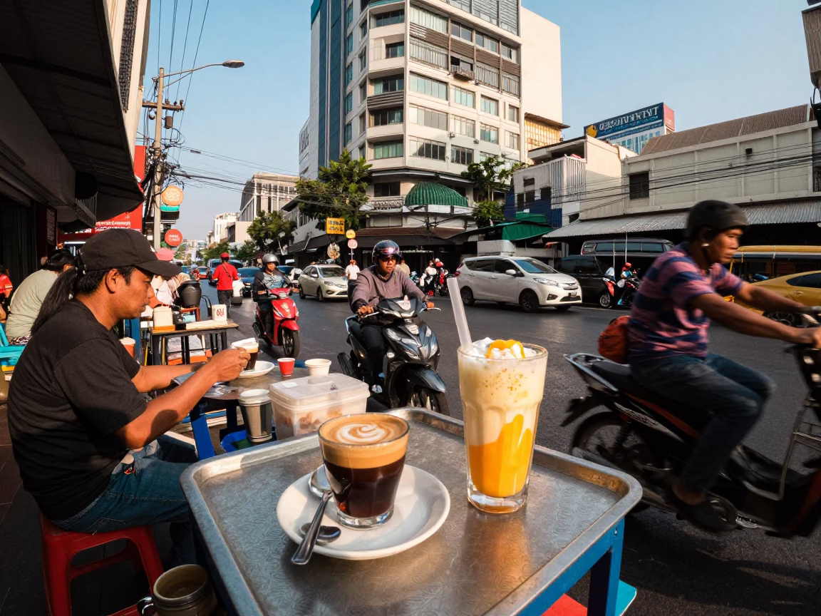 Busy Bangkok Street Corner Late Afternoon with Espresso and Mango Lassi in in Bangkok, Thailand