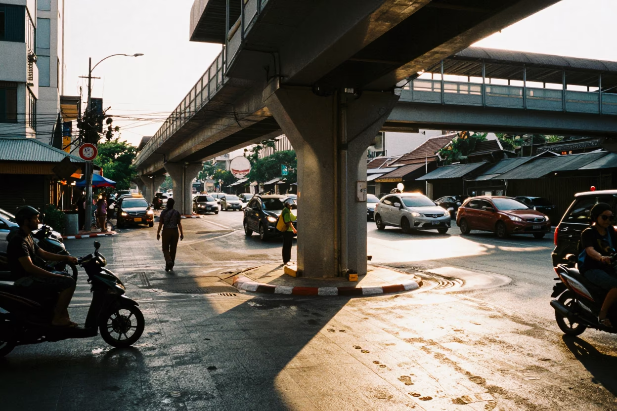 Busy Bangkok Street Corner with Pedestrian Overpass and Local Vendor in Late Afternoon Light in in Bangkok, Thailand