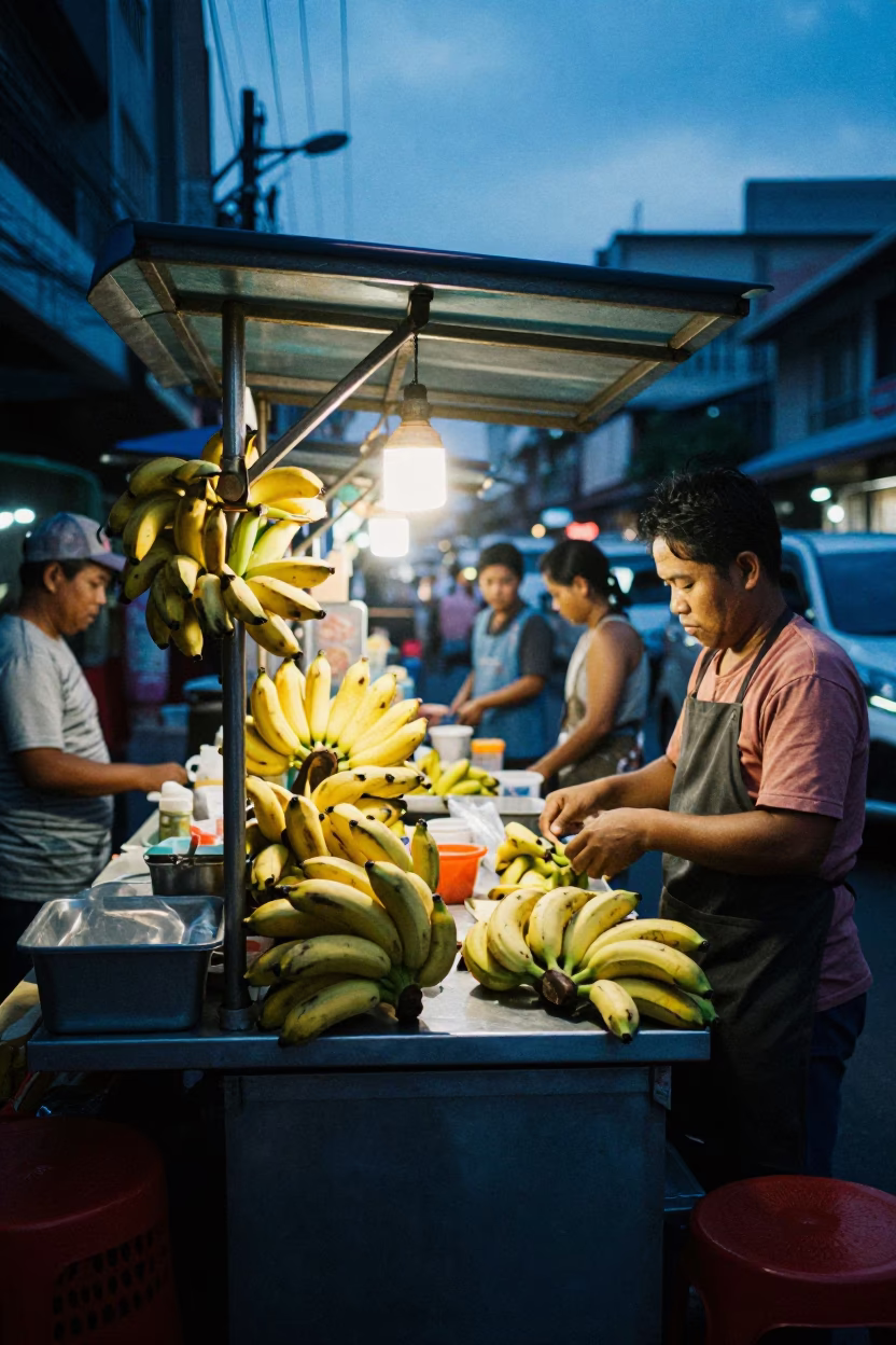 Busy Bangkok Street Food Stall at Dusk with Bananas and Metal Saucers in in Bangkok, Thailand