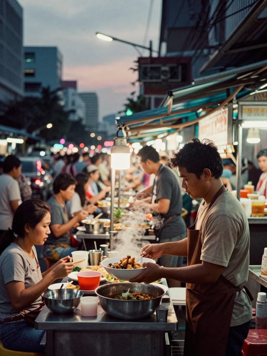 Busy Bangkok Street Food Stall at Dusk with Khao Piak Sen and Neon Lights in in Bangkok, Thailand