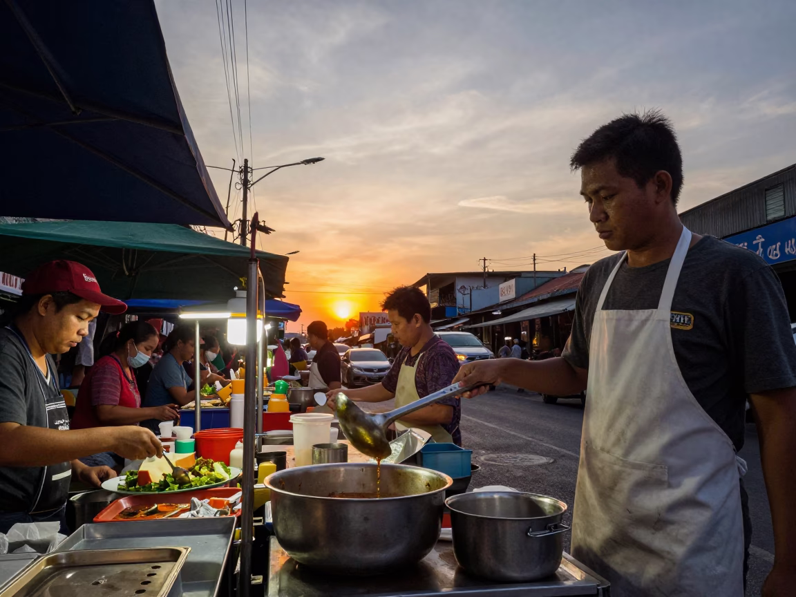 Busy Bangkok Street Food Stall at Dusk with Serving Spoon and Steam in in Bangkok, Thailand