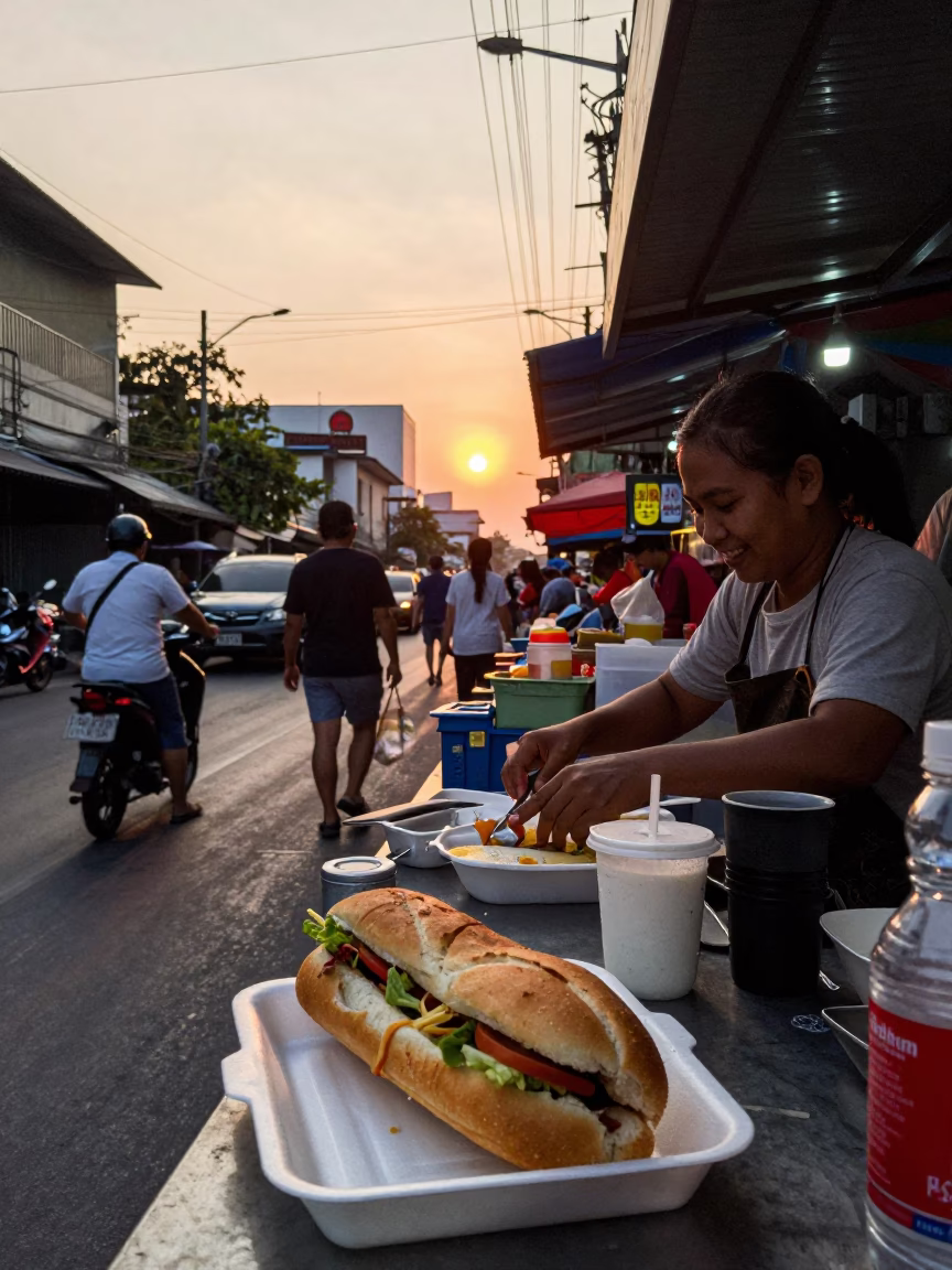 Busy Bangkok Street Food Stall at Sunset with Vendor and Customer Interaction in in Bangkok, Thailand