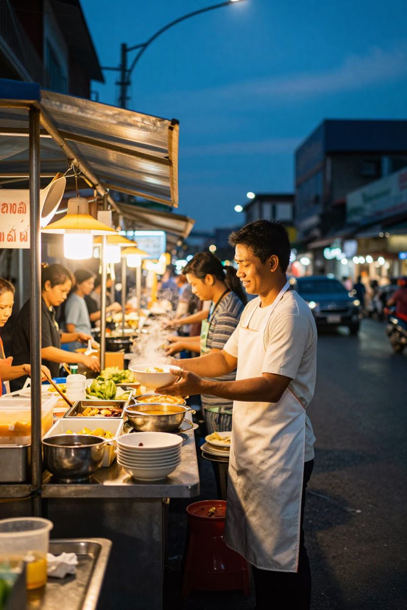 Busy Bangkok Street Food Stall at Twilight with Vendor and Customer Interaction in in Bangkok, Thailand