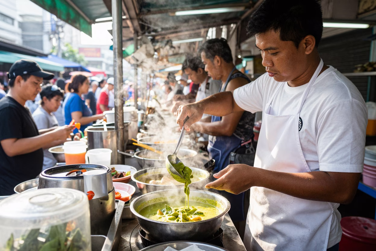 Busy Bangkok Street Food Stall Midday Green Curry and Jasmine Rice Service in in Bangkok, Thailand
