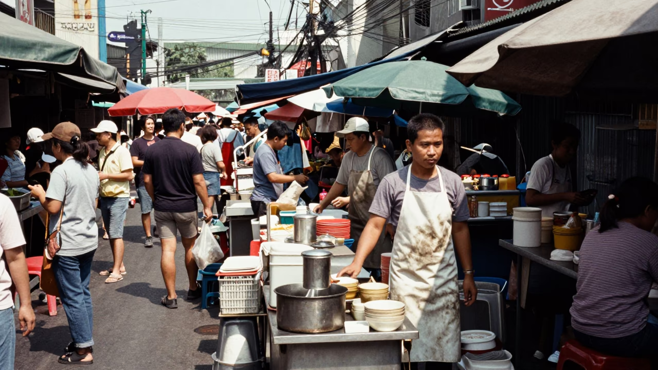 Busy Bangkok Street Food Stall Midday Scene with Aprons and Local Cuisine in in Bangkok, Thailand