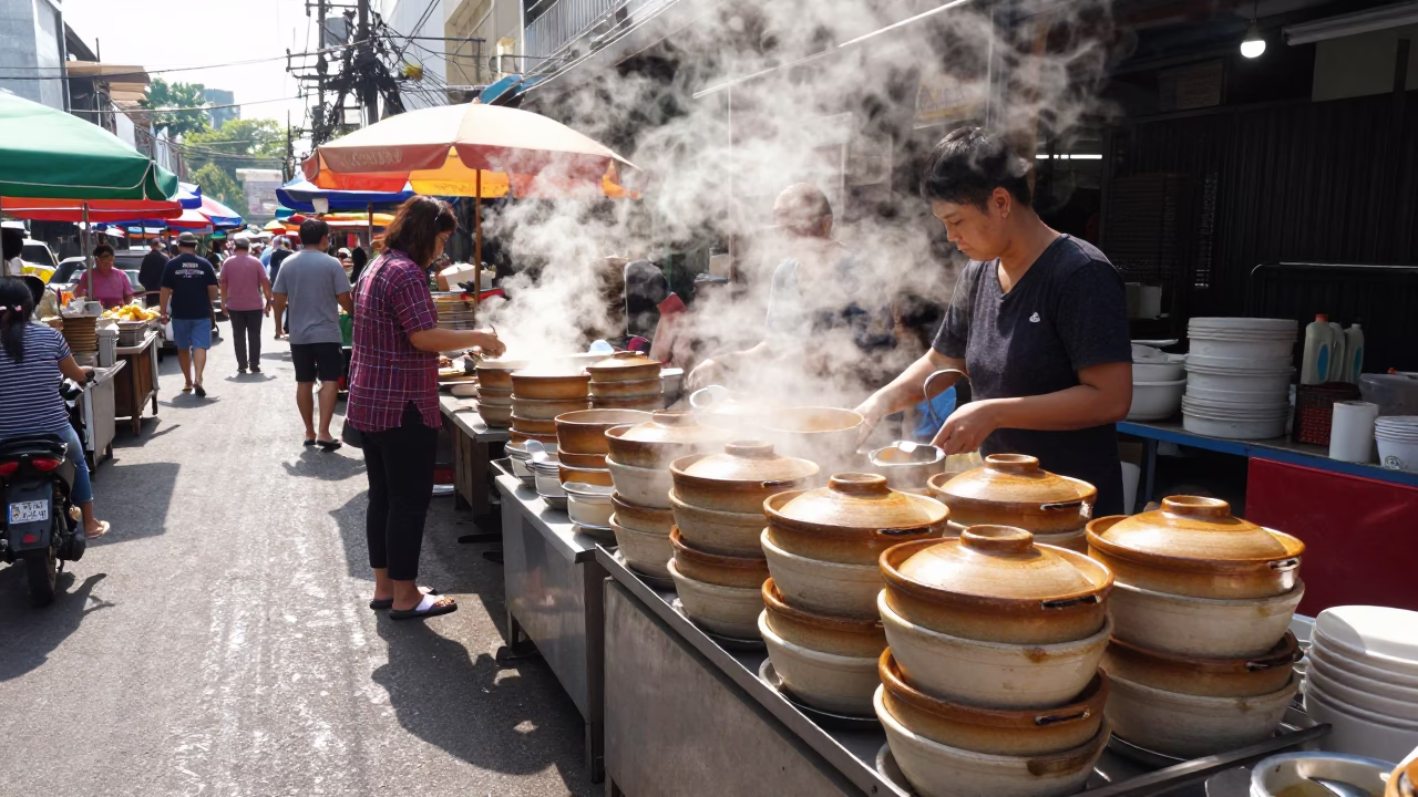 Busy Bangkok Street Food Stall Midday Service with Steam and Customers in in Bangkok, Thailand