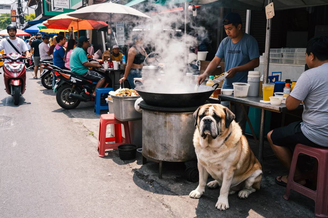 Busy Bangkok Street Food Stall Midday with Neapolitan Mastiff and Potted Succulents in in Bangkok, Thailand