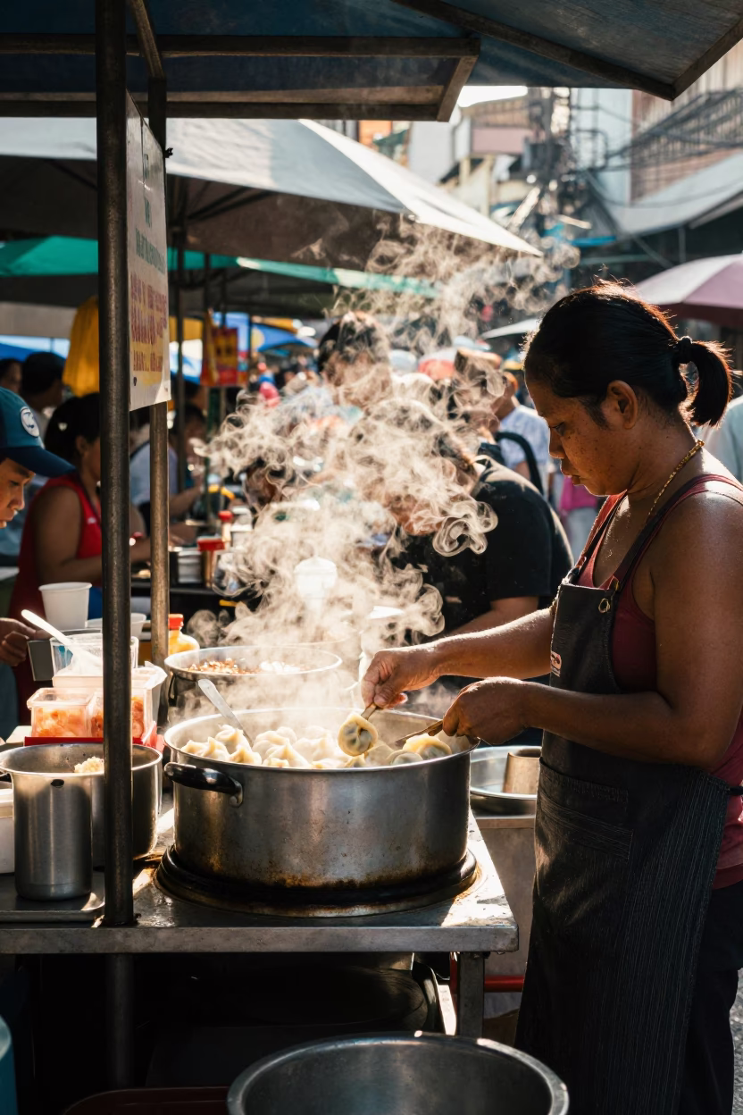 Busy Bangkok Street Food Stall Under Flat Noon Glare with Dumplings and Dish Rack in in Bangkok, Thailand