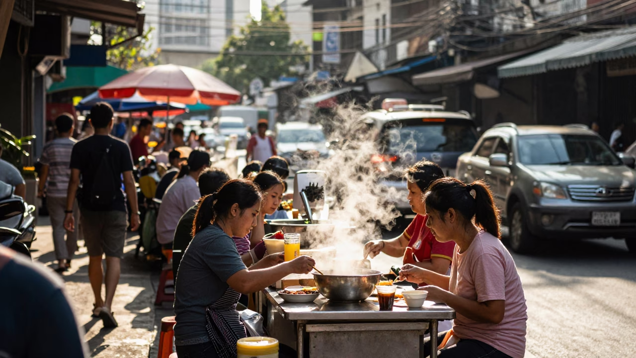 Busy Bangkok Street Food Stall Under Harsh Noon Sun with Steam and Urban Details in in Bangkok, Thailand