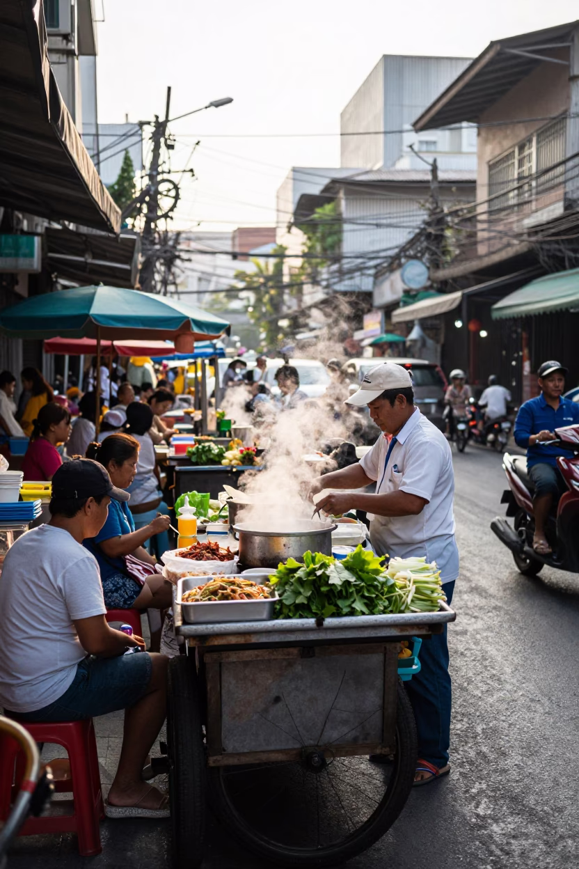 Busy Bangkok Street Food Stall with Vendor and Customers in Late Morning in in Bangkok, Thailand