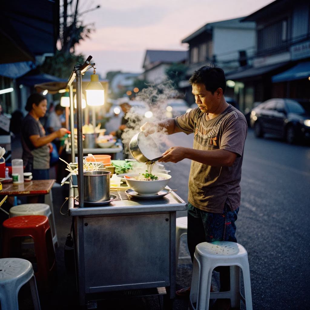 Busy Bangkok Street Food Vendor Preparing Pho Before Dawn with Fresh Herbs in in Bangkok, Thailand