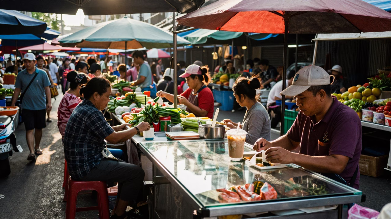 Busy Bangkok Street Market Just After Sunrise with Clear Glass Countertop in in Bangkok, Thailand