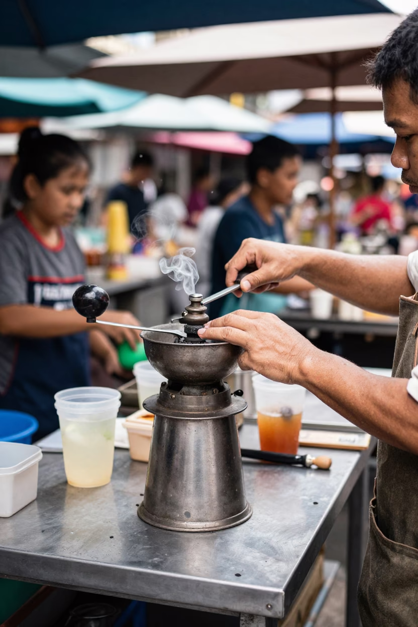Busy Bangkok street market midday scene with coffee grinder and condensation on basin in in Bangkok, Thailand