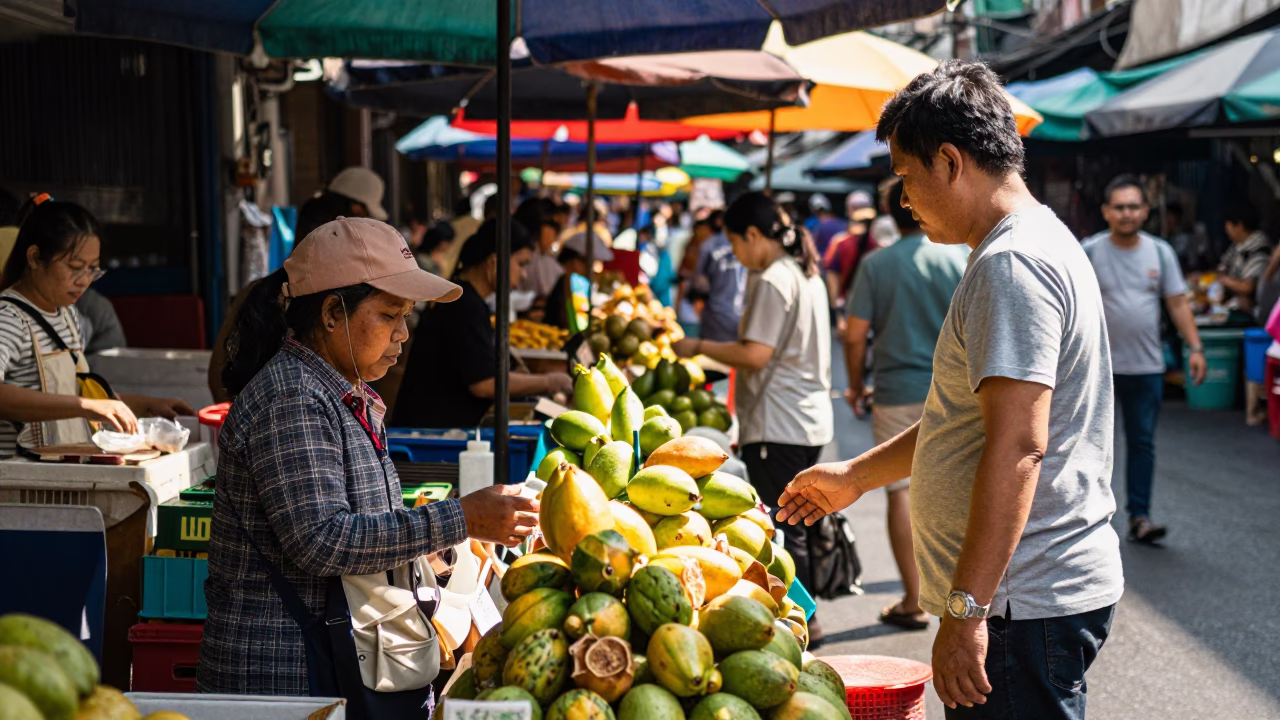 Busy Bangkok Street Market Midday Sunlight and Local Commerce in in Bangkok, Thailand
