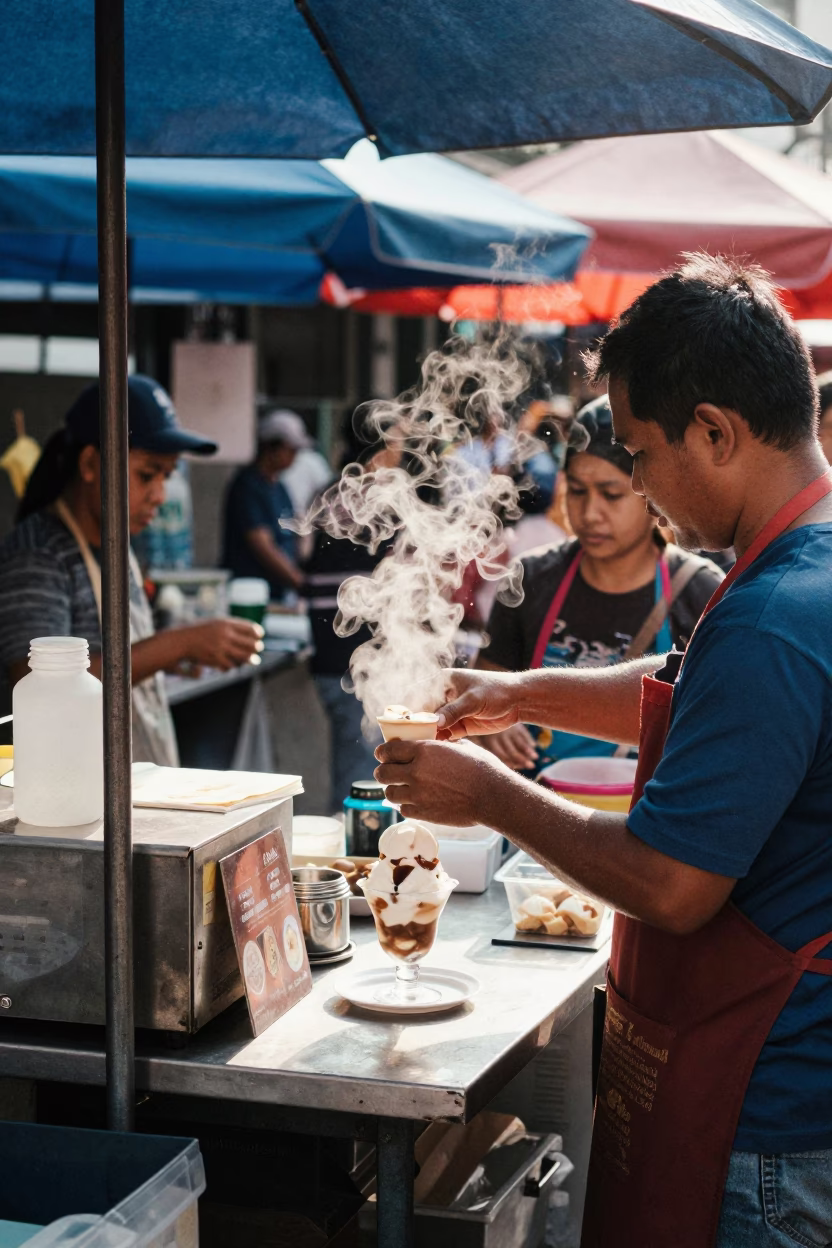 Busy Bangkok Street Market Midday with Vendor Selling Affogato and Notebook in in Bangkok, Thailand