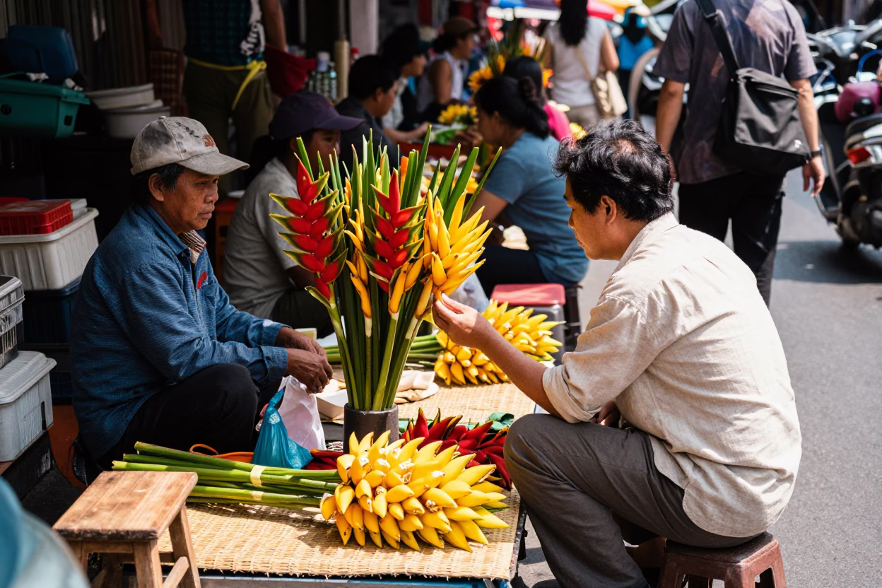 Busy Bangkok Street Market Scene with Heliconia Flowers and Local Vendor Interaction at Midday in in Bangkok, Thailand