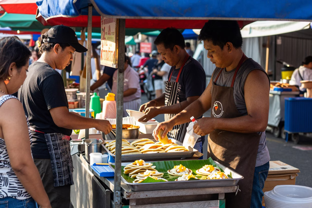 Busy Bangkok Street Market Stall in Midmorning Light with Local Vendors and Traditional Food in in Bangkok, Thailand