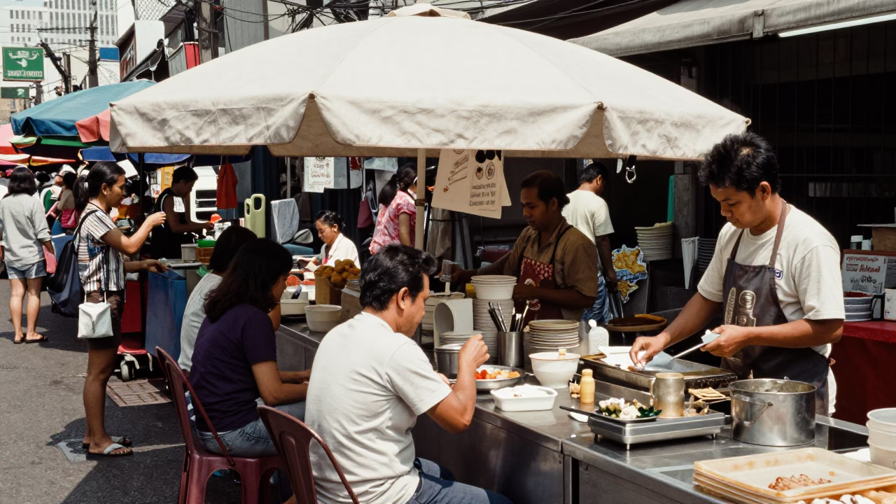 Busy Bangkok Street Market Stall Under Flat Noon Glare with Porcelain and Vegetables in in Bangkok, Thailand