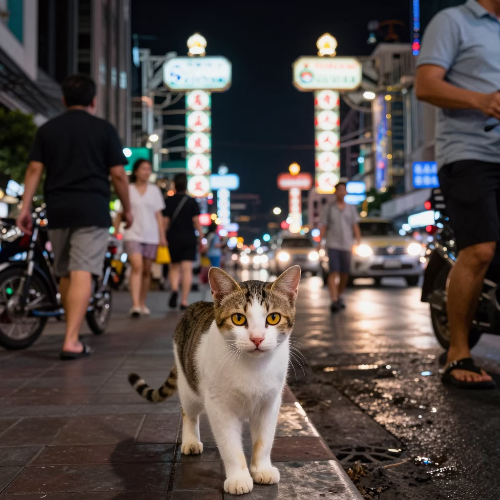 Busy Bangkok Street Night Scene with Khaomanee Cat and Local Street Vendor Activity in in Bangkok, Thailand