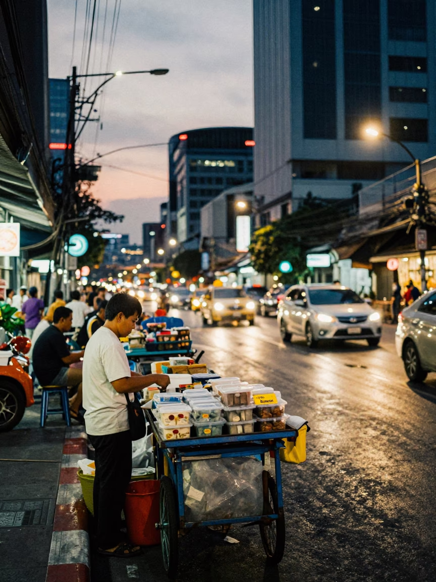 Busy Bangkok Street Night Scene with Vendor and City Lights in in Bangkok, Thailand