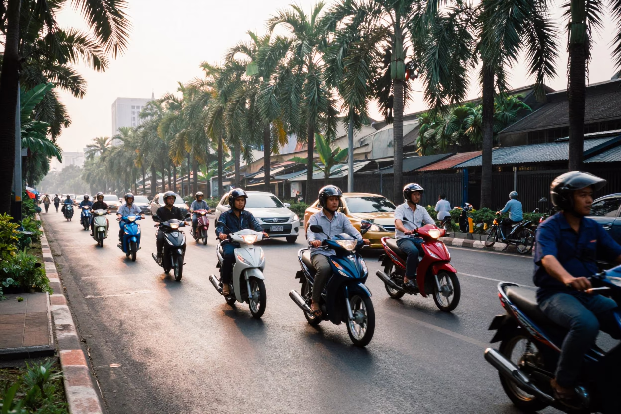 Busy Bangkok street scene at dawn with motorbikes and tropical palm trees in in Bangkok, Thailand