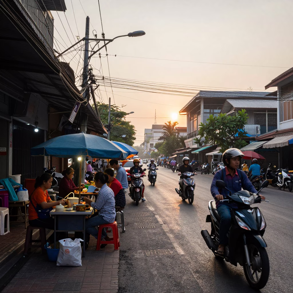 Busy Bangkok Street Scene at Dawn with Traditional Thai Street Food and Morning Commuters in in Bangkok, Thailand