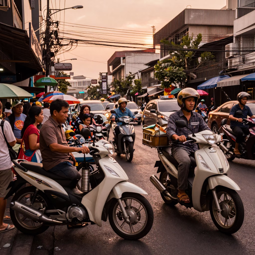 Busy Bangkok Street Scene at Dusk with Scooter and Street Vendor in in Bangkok, Thailand