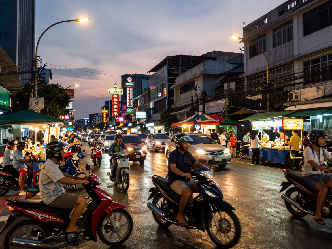 Busy Bangkok Street Scene at Dusk with Street Food Vendor and Traffic in in Bangkok, Thailand