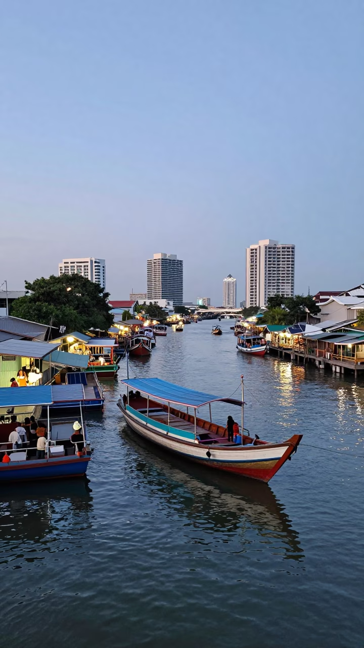 Busy Bangkok Street Scene at Nautical Dawn with Junk Boat in Harbor in in Bangkok, Thailand
