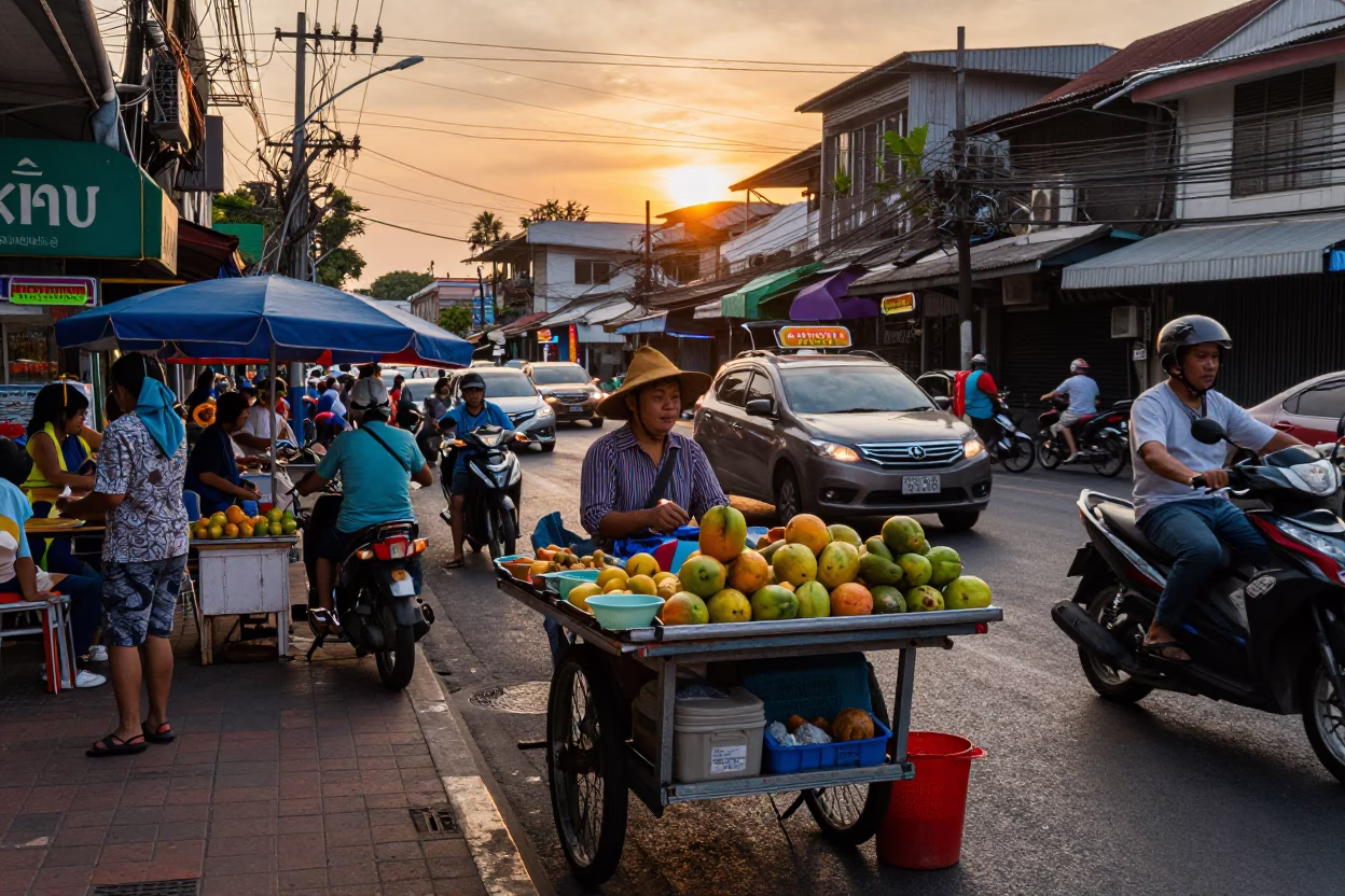 Busy Bangkok Street Scene at Sunset with Local Vendor and Vintage Details in in Bangkok, Thailand