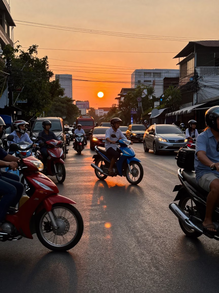 Busy Bangkok Street Scene at Sunset with Motorbikes and Local Street Food Vendors in in Bangkok, Thailand