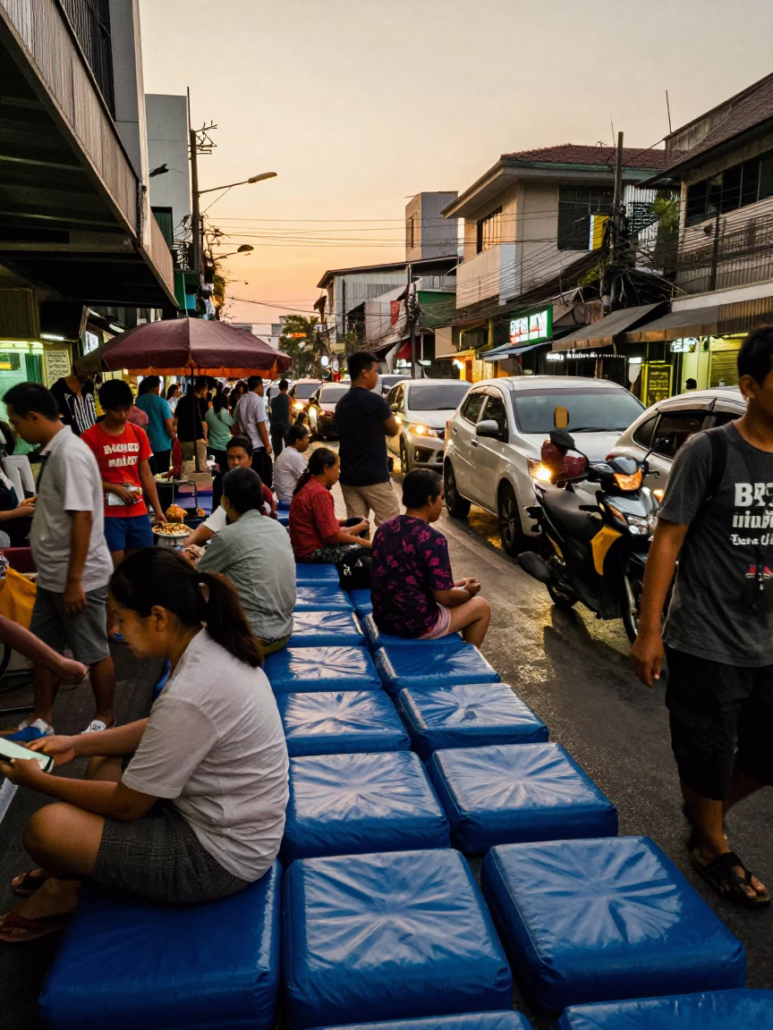 Busy Bangkok Street Scene Early Evening with Plastic Cushions and Glass Pitcher in in Bangkok, Thailand