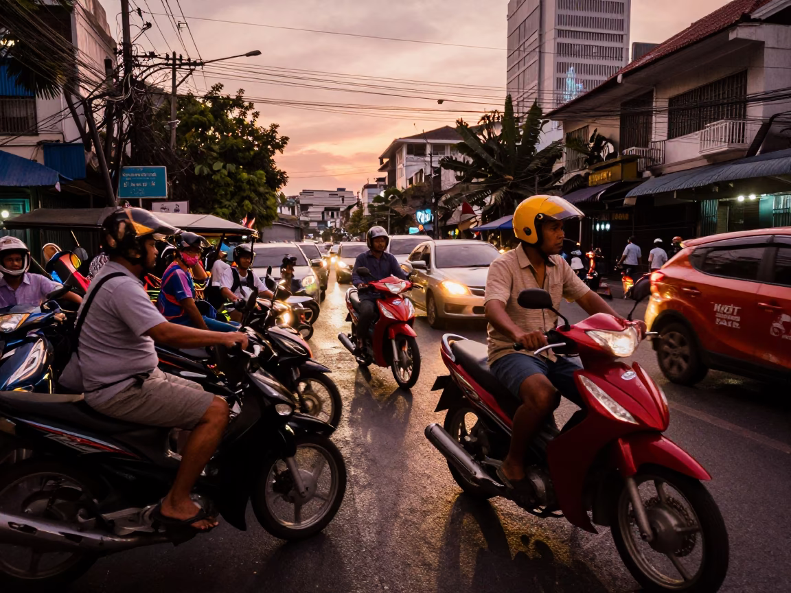Busy Bangkok street scene in copper dusk with motorbike taxi and street vendor in in Bangkok, Thailand