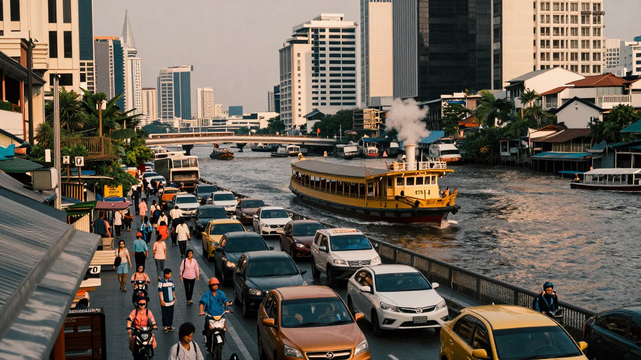 Busy Bangkok Street Scene Late Afternoon with Steamboat on Chao Phraya River in in Bangkok, Thailand