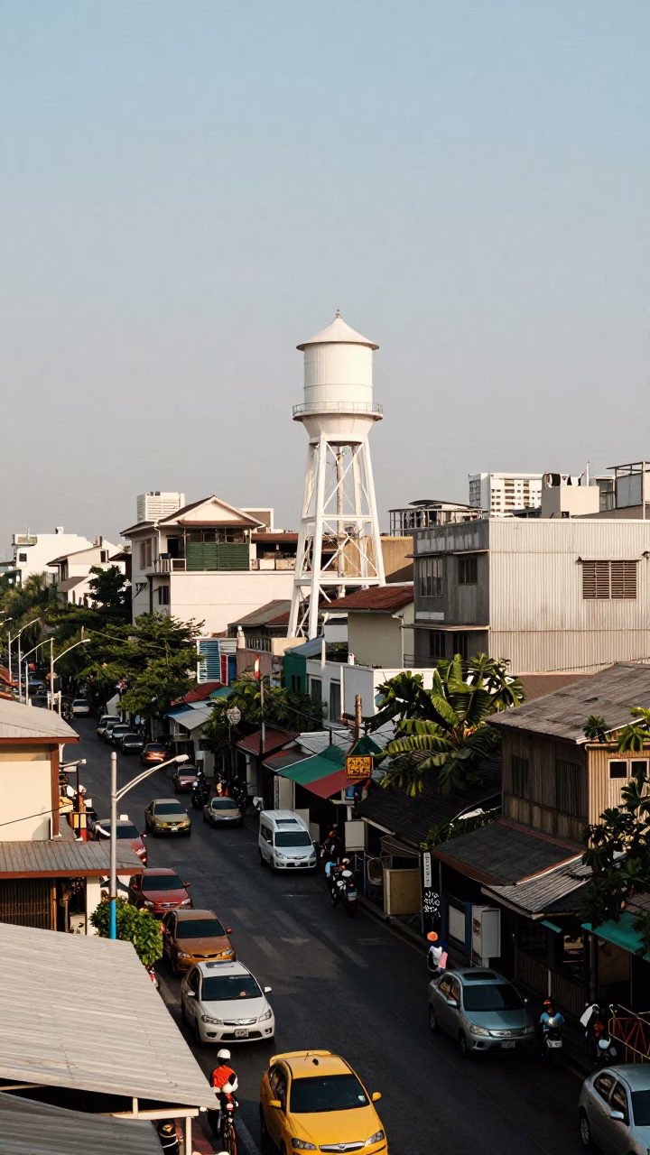 Busy Bangkok Street Scene Late Morning with Water Tower and Urban Activity in in Bangkok, Thailand