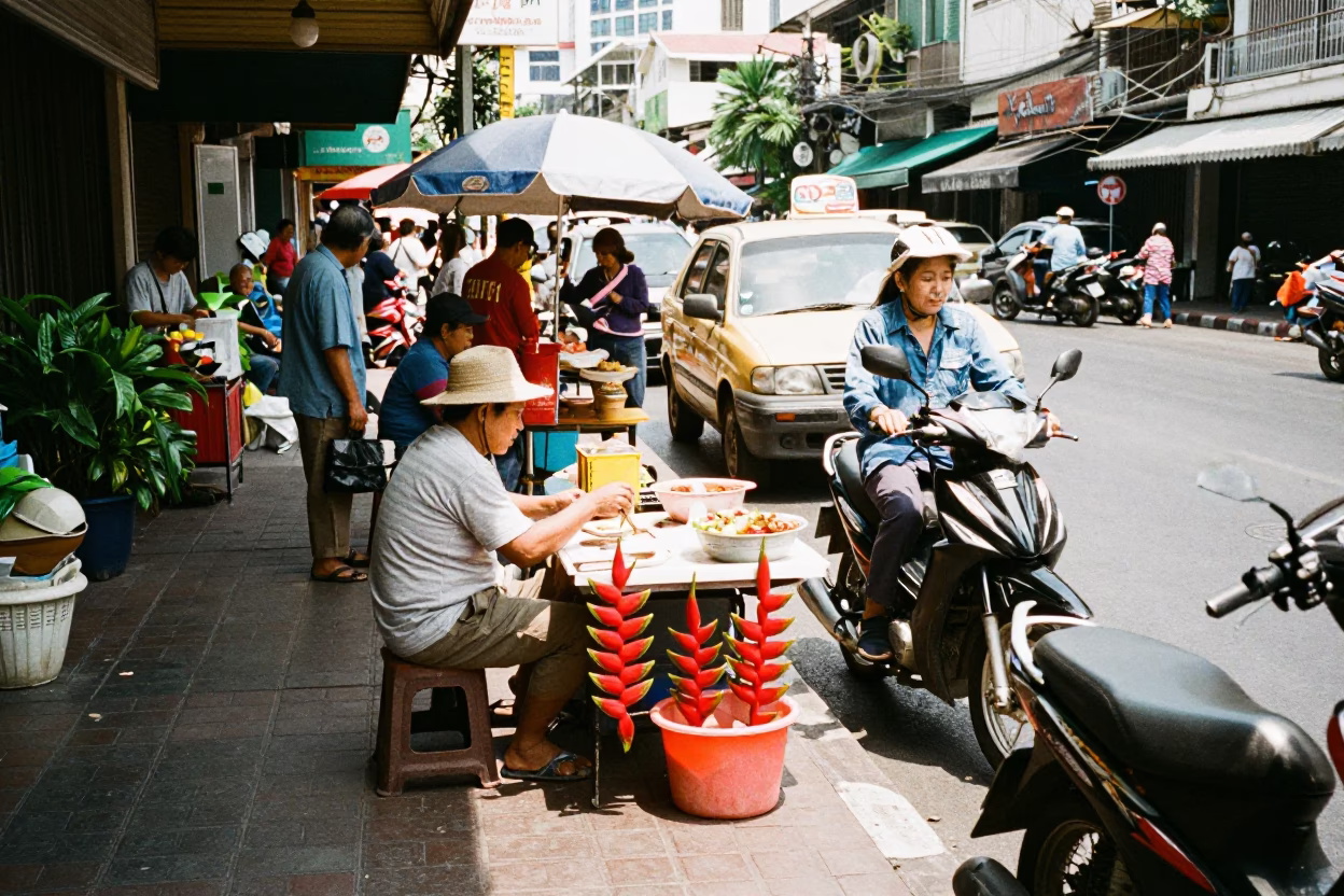 Busy Bangkok Street Scene Under Flat Noon Glare with Heliconia and Local Life in in Bangkok, Thailand
