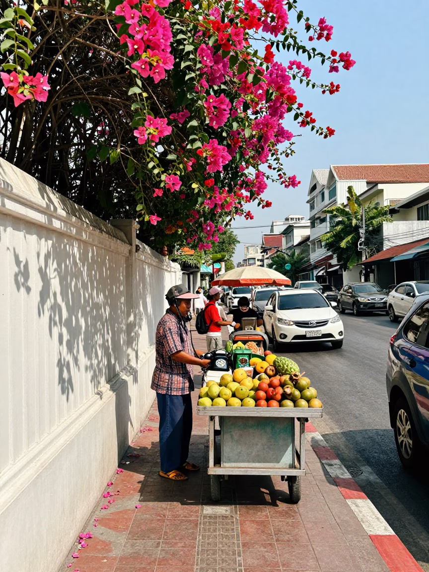 Busy Bangkok Street Scene with Bougainvillea and Vintage Telephone in Midmorning Light in in Bangkok, Thailand