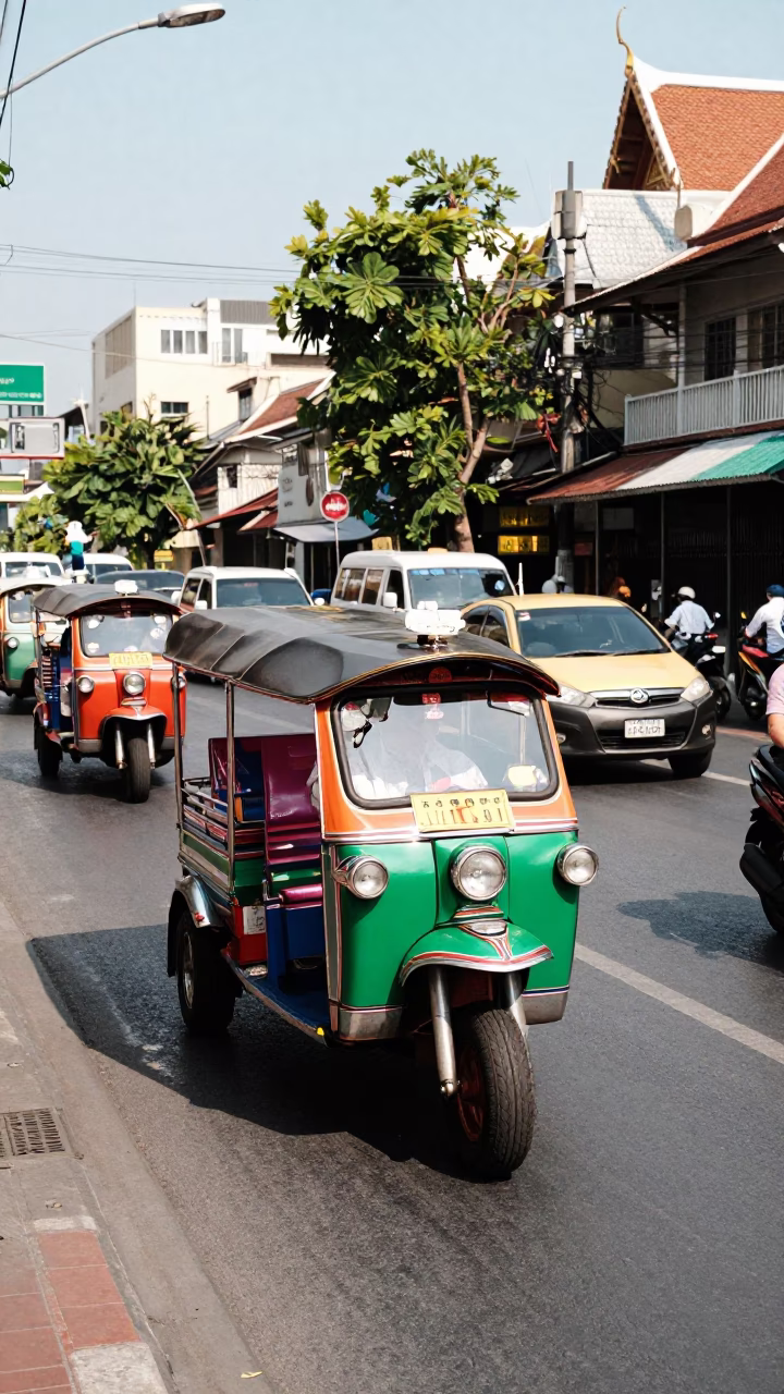 Busy Bangkok Street Scene with Tuk-Tuk in Midmorning Light in in Bangkok, Thailand