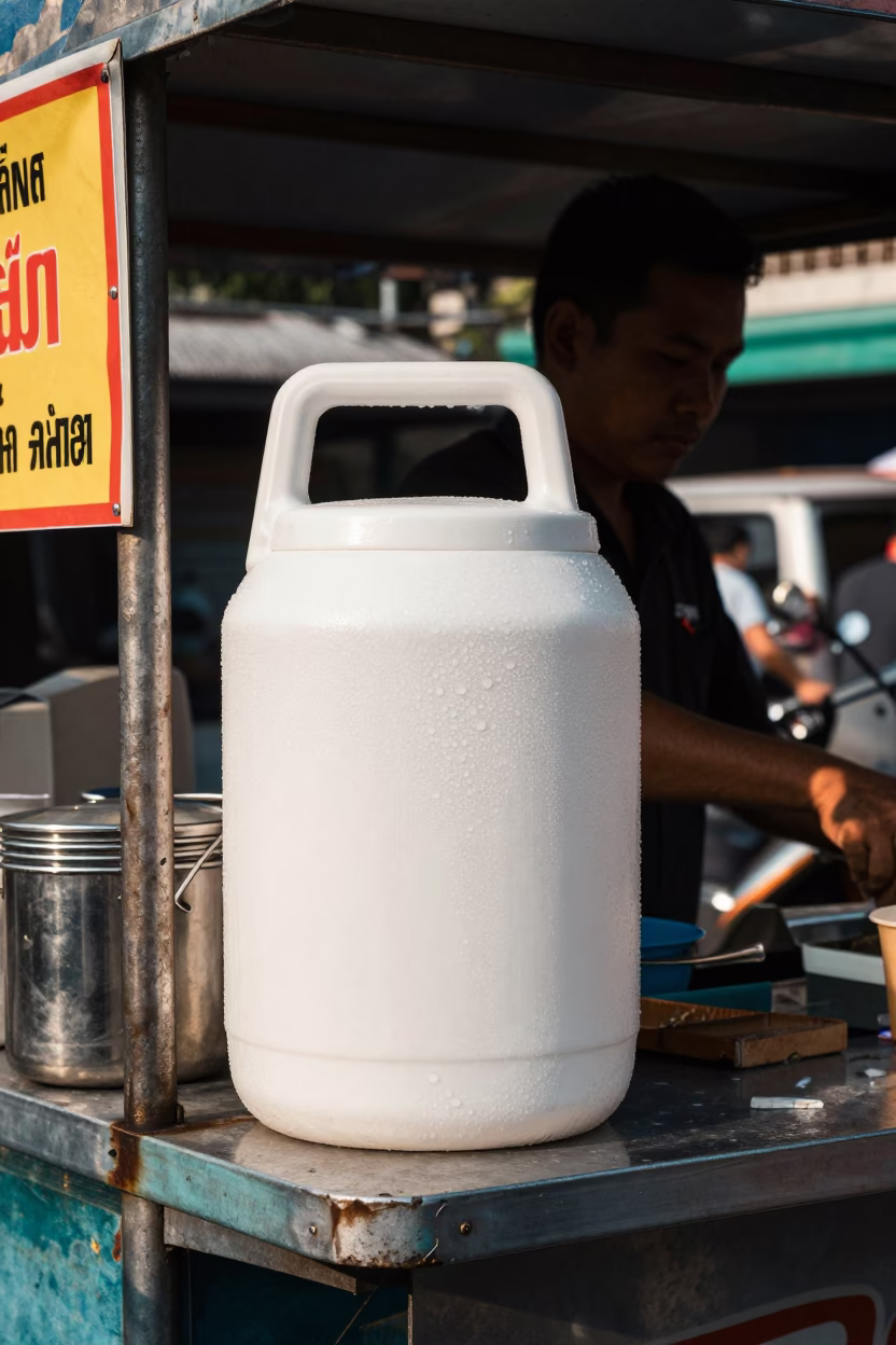 Busy Bangkok Street Stall with Cooler Jug and Bar Soap in Late Morning Light in in Bangkok, Thailand