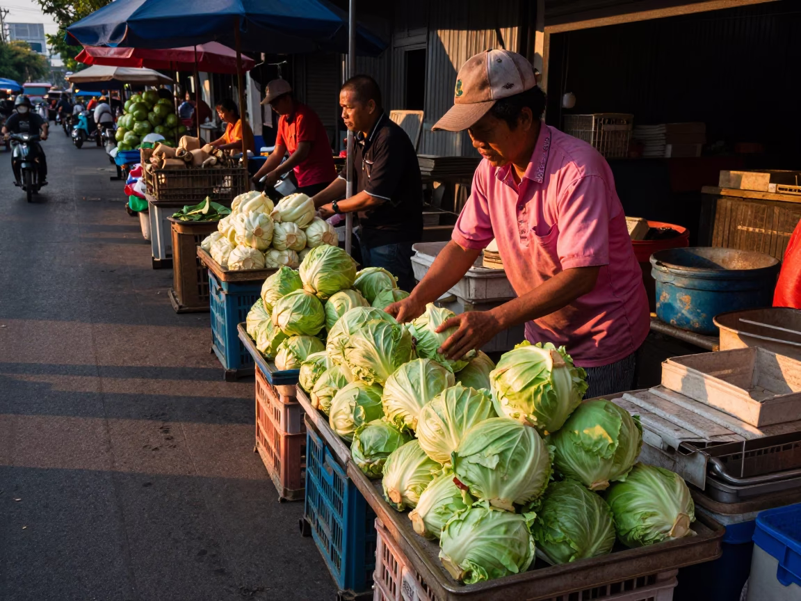 Busy Bangkok Street Stall with Green Cabbages Under Copper Dusk Light in in Bangkok, Thailand